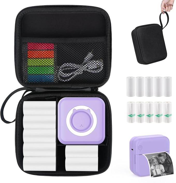 Purple Mini Pocket Printer with Black Case, Thermal Printer with 10 Rolls Thermal Paper, Mini Portable Photo Printers for Travelling, Journal, Memo, Photo, Study Notes, Shopping Lists