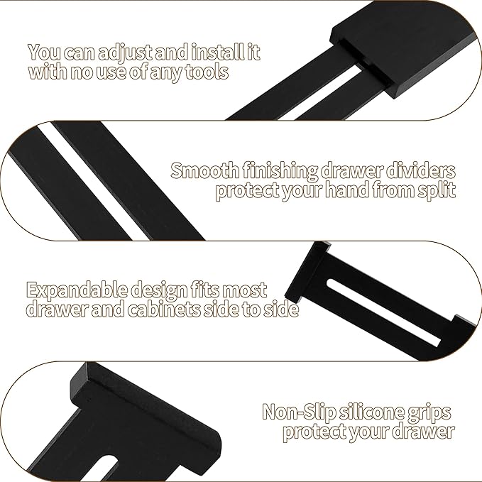 Utoplike 4 pcs Bamboo Kitchen Drawer Dividers Large, Adjustable Black Drawer Organizers, Spring Loaded, Works in Kitchen, Dresser, Bathroom, Bedroom, Drawer, Desk, 2.4" H