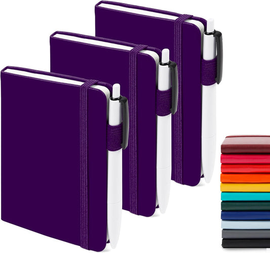 feela 3 Pack Pocket Notebook Journals, Mini Cute Small Journal Notebook Bulk Hardcover College Ruled Notepad with Pen Holder for Office School Supplies, with 3 Black Pens, 3.5”x 5.5”, A6, Purple