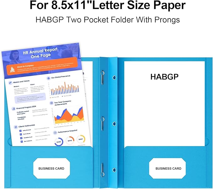 HABGP 100 Pack Two Pocket Folder with Prongs, Paper Folders with Pockets and Business Card Holder, Folders with Pocket Fit Letter Size, Organizing Papers in School, Office & Business 5 Color 20 Set