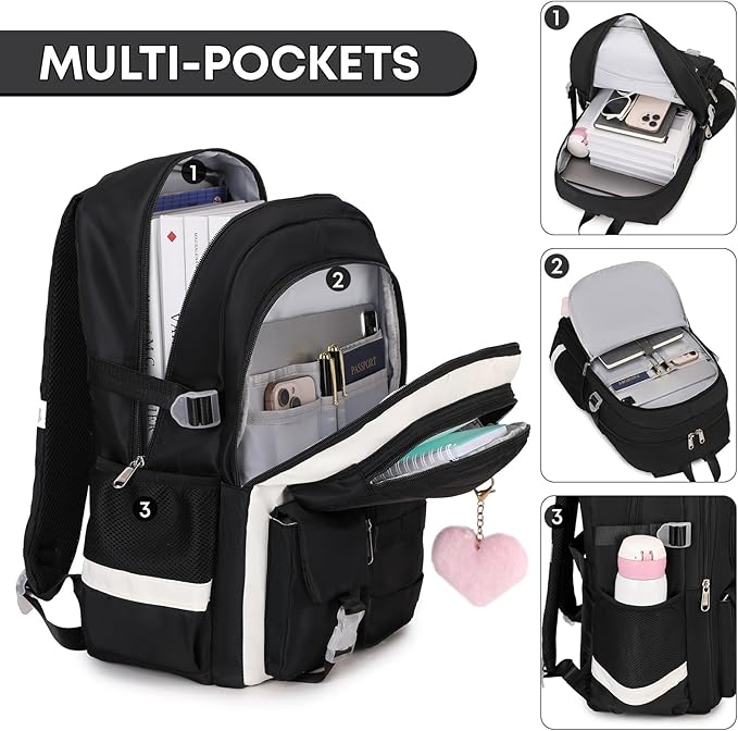 3PCS Girls Backpack For College Middle High School Student Teens Women Bookbag Waterproof Laptop Bag Black Beige