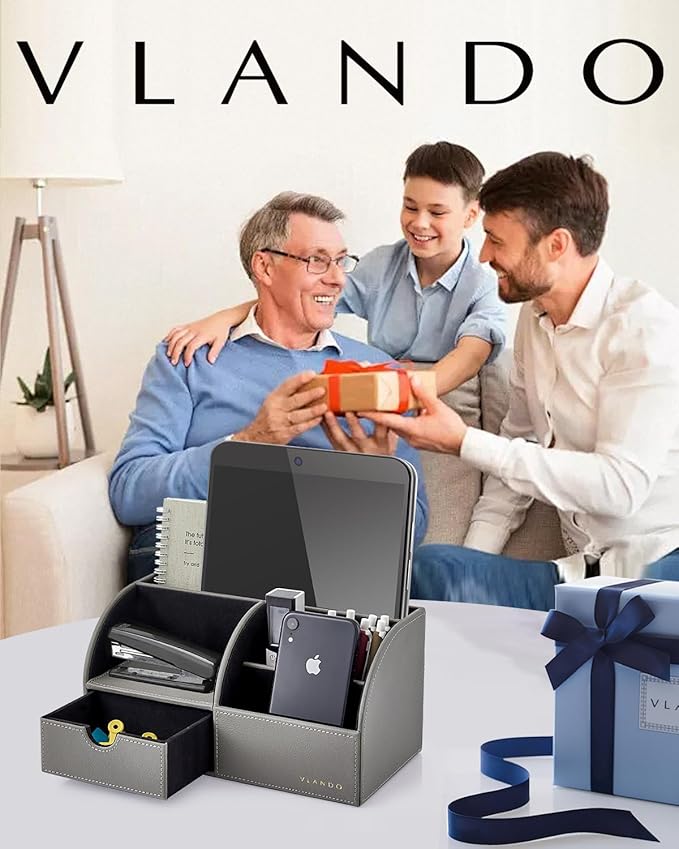 Vlando Desk Organizer with Drawer, Back to School Supplies - 5 Compartment Desktop Storage Holder with Organizer Section for Desk Accessories (Gray)