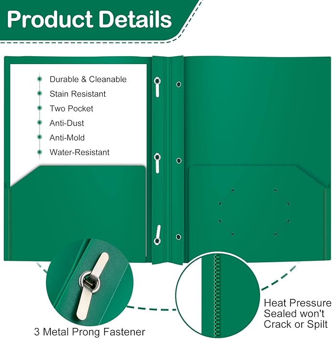 ViVin Sturdy 12-Pack Plastic Folders, Folder with Pockets and Prongs, 2 Pocket Poly File, Plastic Folders with 3-Prong Fasteners, fits 8.5 * 11 Letter Size Paper, for School/Home/Office Use (Green)