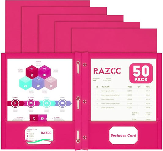 Two Pocket Folders, RAZCC 50 Pack Two Pocket Folders with Prongs, 3 Prong Folders Fit Letter Size Paper, Pocket File Folders for School Office Home Business, Magenta