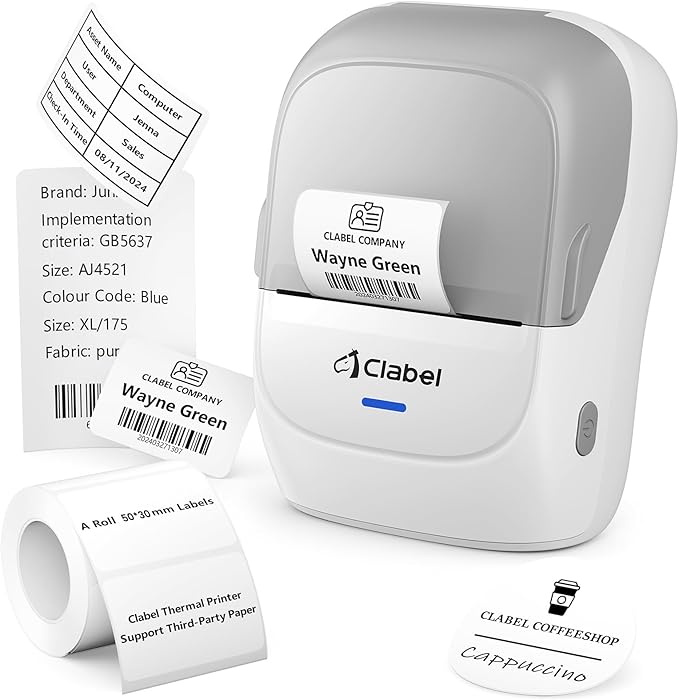 CLABEL Thermal Label Maker Machine: 221B Bluetooth Label Printer Mini Sticker Barcode Printer Inkless Label Maker Compatible with Clothing Price Labeling with 1 Roll of 50x30mm Label(Gray White)