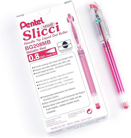 Pentel Arts Slicci Metallic 0.8 mm Needle Tip Gel Pen, Metallic Red Ink, Box of 12 (BG208-MB)