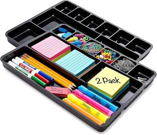 Desk Drawer Organizer Tray with 9 Storage Compartments - For Home and Office - Drawer Organizers Office, Perfect Organizing Pens, Pencils, Paper Clips, Sticky Notes and all your Supplies - 2 Pack