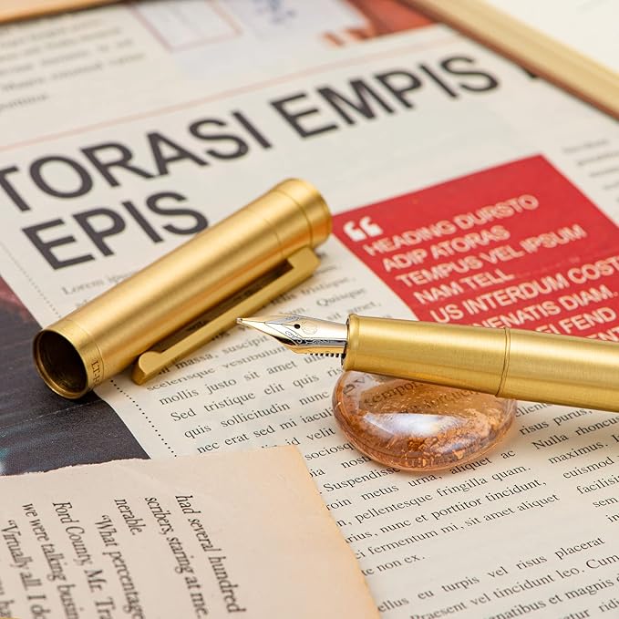 Hongdian Solid Brass Fountain Pen Medium Nib Classic Design Smooth Writing Copper Pen with Ink Refill Converter and Pen Box Set