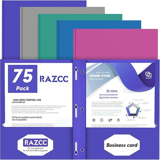 Two Pocket Folders, RAZCC 75 Pack Two Pocket Folders with Prongs, 3 Prong Pocket Folders Letter Size, Paper Folders with Prongs for School Office Home Business, Assorted 5 Colors