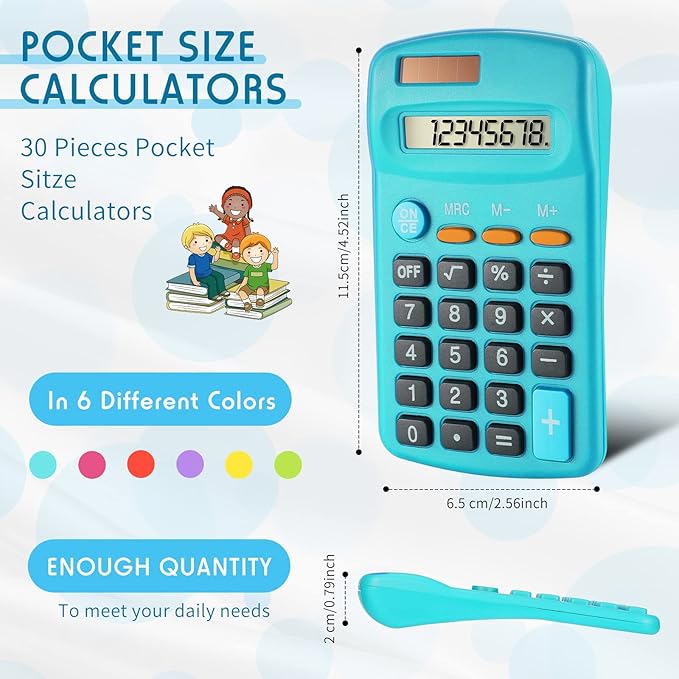 Weewooday 6 Pieces Pocket Size Basic Calculators Bulk 8 Digit Mini Solar Battery Dual Power Calculator for Desktop Home Office School Students Kids, Standard Function 6 Colors