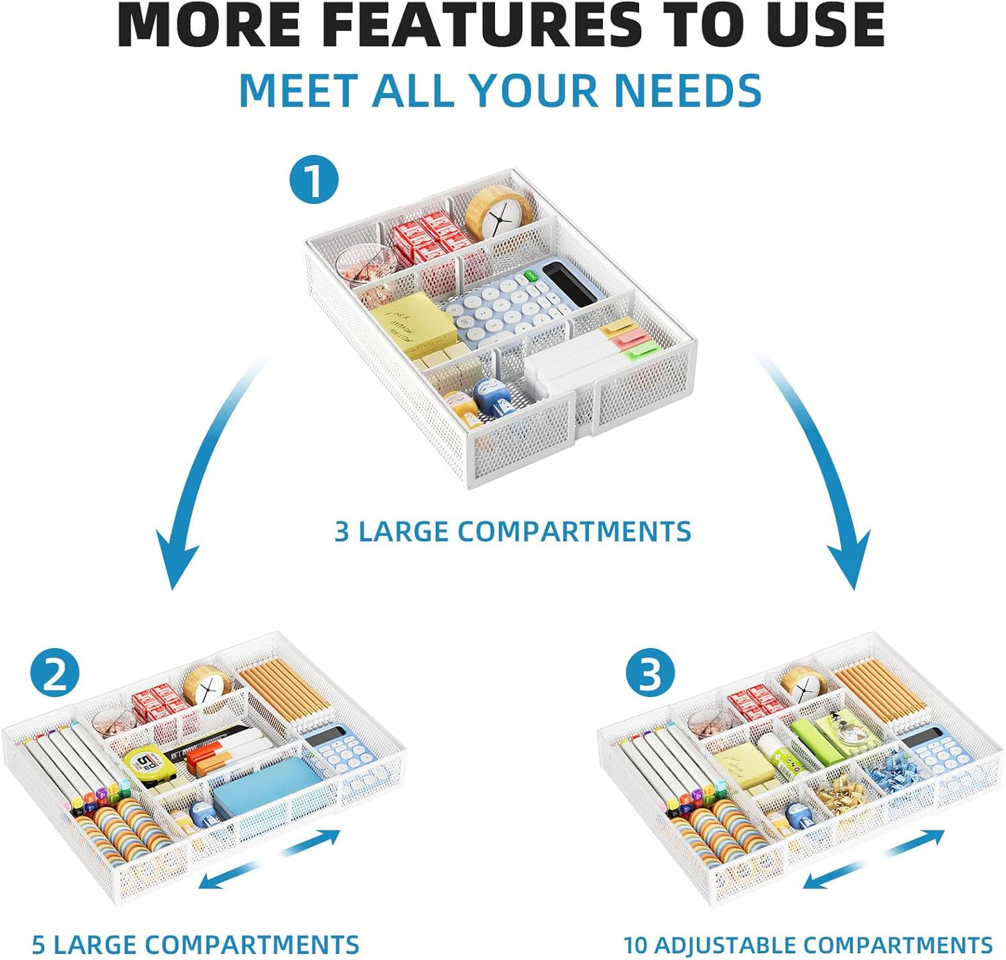 Marbrasse Expandable Desk Drawer Organizer, Mesh Drawer Organizer Tray with 10 Adjustable Compartments, Desk Organizers and Accessories for Office Supplies, Makeup & Vanity (Expandable White-2 pack)
