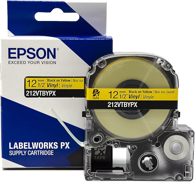 Epson LABELWORKS 212VTBYPX Genuine Tape Cartridge - Black on Yellow Flexible and Durable Vinyl Industrial Label Maker Tape - 1/2" (12MM) Wide, 22.9 ft