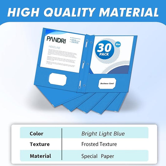 PANDRI Two Pocket Folders, 30 Pack with Prongs, Letter Size, Lightblue