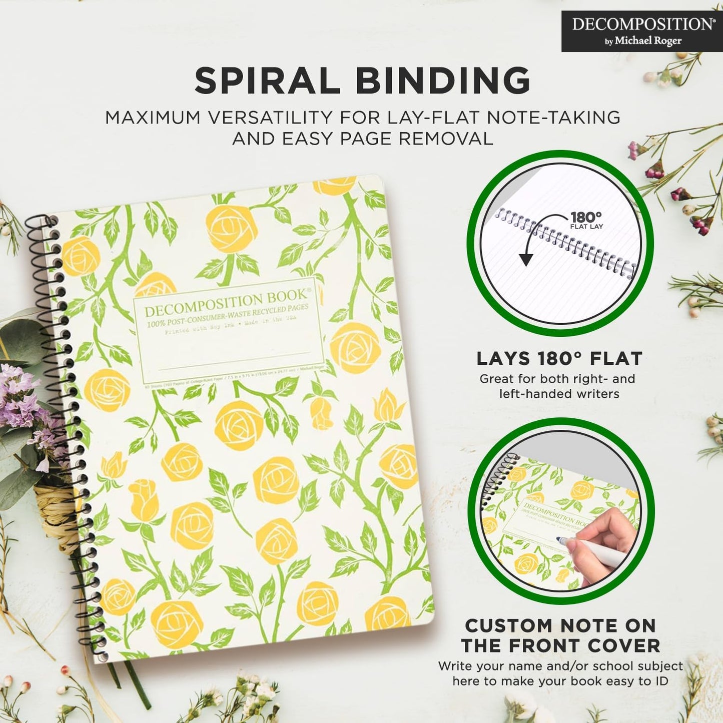 Decomposition Roses College Ruled Spiral Notebooks – 9.75 x 7.5 Journal with 160 Lined Pages – Cute Notebooks for School Supplies, Home & Office – 100% Recycled Paper – Made in USA