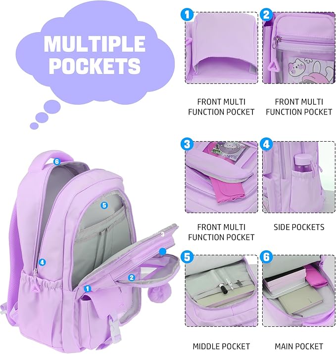 School Backpack for Girls, 15.6 Inch Laptop School Bags for Middle School Students-Kindergarten Elementary College Backpacks,Large Backpack for Teen Girl Students Casual Travel Daypacks-Purple