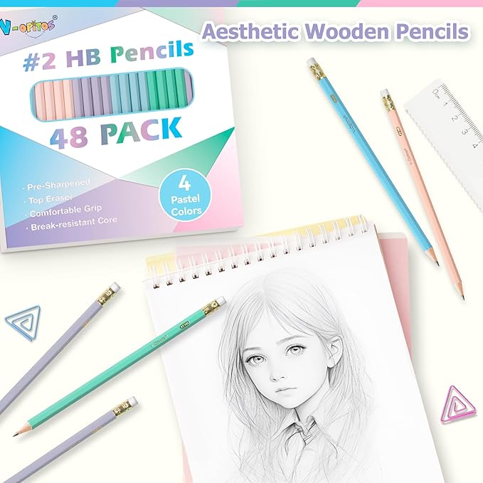 V-Opitos Wood-Cased #2 HB Pencils, 48 Pack Pre-Sharpened Pencils with Top Erasers, Bulk Pastel Color Pencils for School Teacher Supplies, Writing, Drawing and Sketching