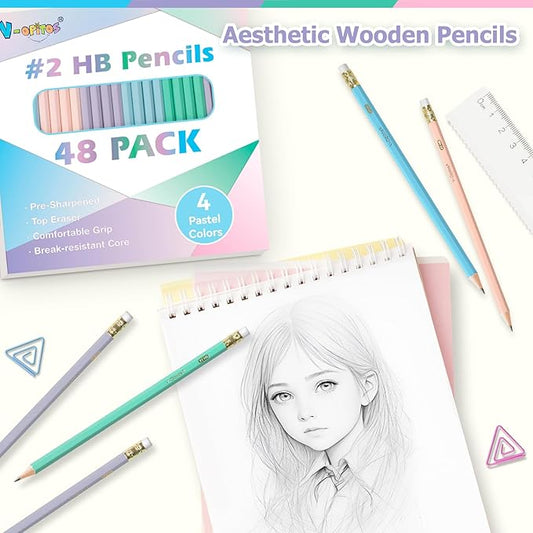 V-Opitos Wood-Cased #2 HB Pencils, 48 Pack Pre-Sharpened Pencils with Top Erasers, Bulk Pastel Color Pencils for School Teacher Supplies, Writing, Drawing and Sketching