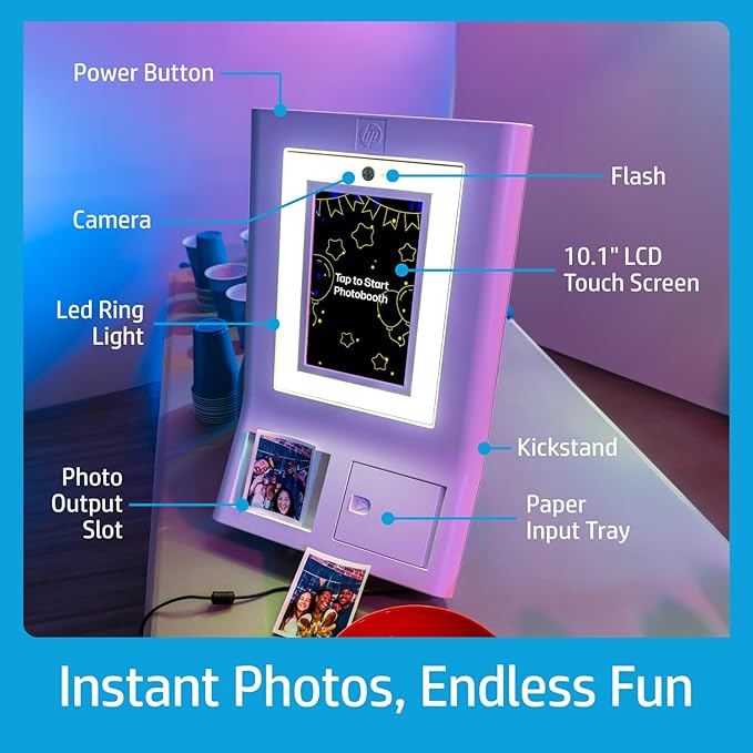 HP Sprocket Photo Booth + 110 3x4 Zink Paper Sheets, Digital Instant Color Photo Printer, 10.1" Touchscreen Photobooth, LED Ring Light, Customize w/ 250+ Frames, Share via QR Code, Mobile App, White