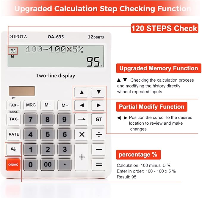 Desk Calculator Large Display Big Buttons with 12 Digits 2-line LCD, Dual Solar Power and Battery Calculators with Tax and Check Function for Office, Home, Accounting and Business Middle Size（OA-635）