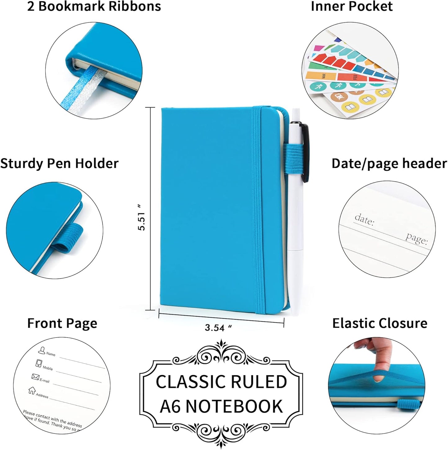feela 3 Pack Pocket Notebook Journals, Mini Cute Small Journal Notebook Bulk Hardcover College Ruled Notepad with Pen Holder for Office School Supplies, with 3 Black Pens, 3.5”x 5.5”, A6, Teal
