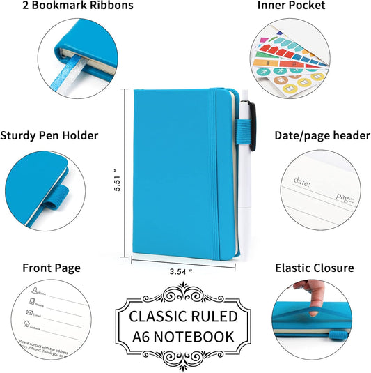 feela 3 Pack Pocket Notebook Journals, Mini Cute Small Journal Notebook Bulk Hardcover College Ruled Notepad with Pen Holder for Office School Supplies, with 3 Black Pens, 3.5”x 5.5”, A6, Teal