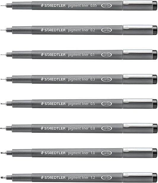 STAEDTLER Pigment Liner Pack, Black, 8 Pens, Assorted Line Widths, 0.05mm, 0.1mm, 0.2mm, 0.3mm, 0.5mm, 0.8mm, 1.0mm, 1.2mm