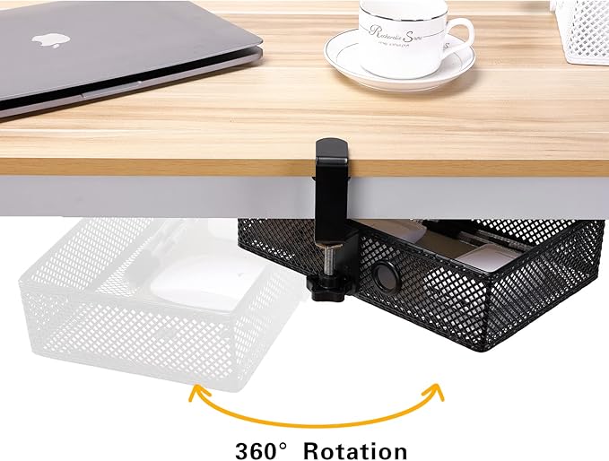 Mesh Desk Organizer and Clamp-on Swivel Pencil Drawer, Desk Hidden Extra Sturdy C-Clamp Mount System and Easy to Instal, Home Office Art Supply Storage Box (Black)