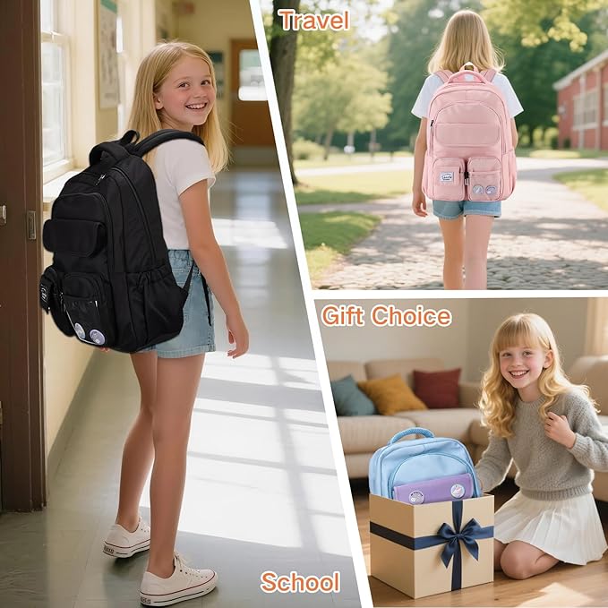 VASCHY Backpack for Girls, Cute School Bag Bookbag for Elementary Middle Schooler Teen Girls/Kids Travel with Clear Pin Pouch Black