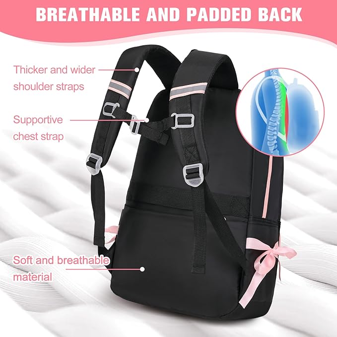 Bevalsa Backpack for Gilrs, Cute School Bags for Kids with Lunch Bag & Pen Case, Bow Bookbag for Girls Children Teens for Elementary Middle High School Student, Back To School Gift (Black Pink)