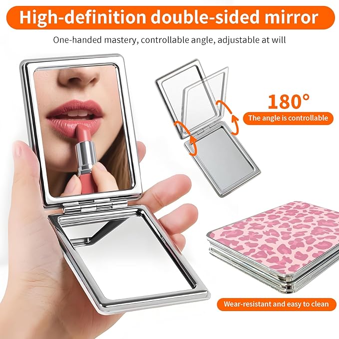 Compact Pocket Mirror, Cute Travel Mini Mirror with Magnification, Foldable Double-Sided Portable Cosmetic Mirror for Men, Women Pink Leopard