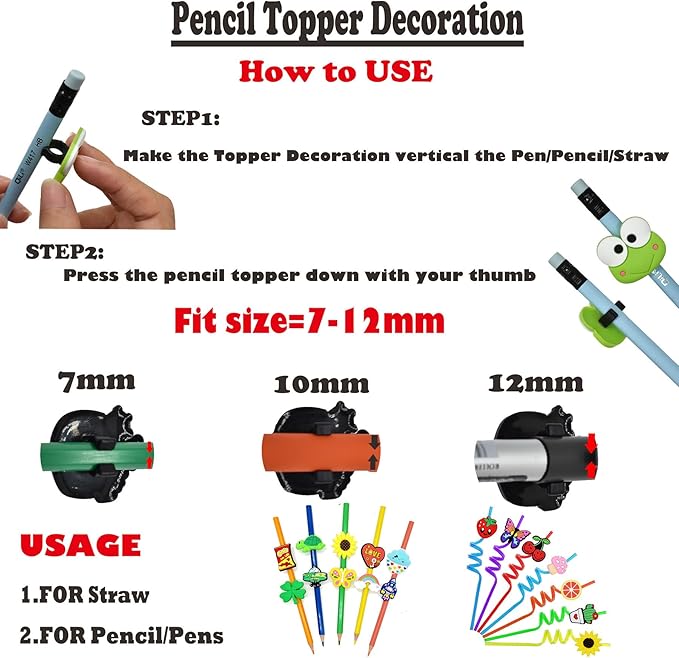 YEALQU 200PCS Random Different Pencil Topper Decoations Cute PVC Pencil Toppes Lovely Black Clip for Pupil/Junior Students Gifts Awards