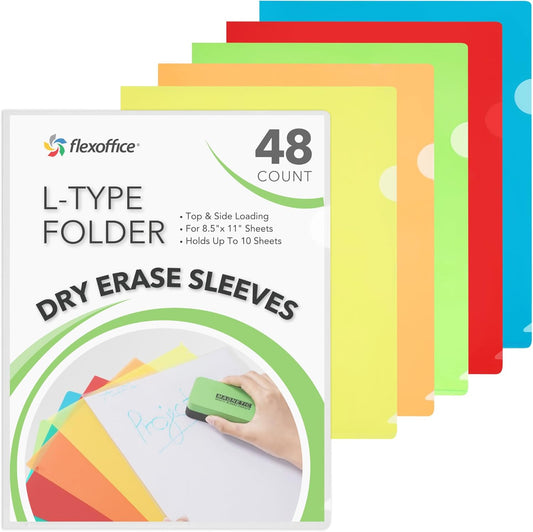 Letter Sized Poly Sleeves - 48 Pack, 6 Assorted Colors, Heavyweight for Sheets 8.5"x11", Project Pockets, Plastic Sleeves for documents Folders with L-Type, Page Protectors, Acid-Free