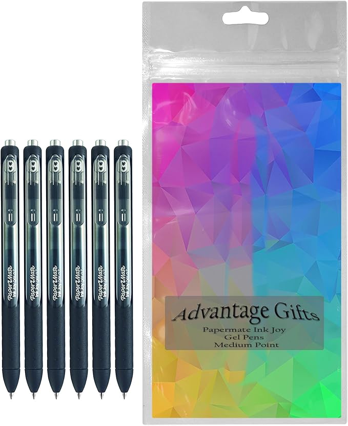 Paper Mate InkJoy Gel Pens, Black Ink, Medium Point (0.7mm), 6 Count, Bundle with Plastic Reusable Pouch