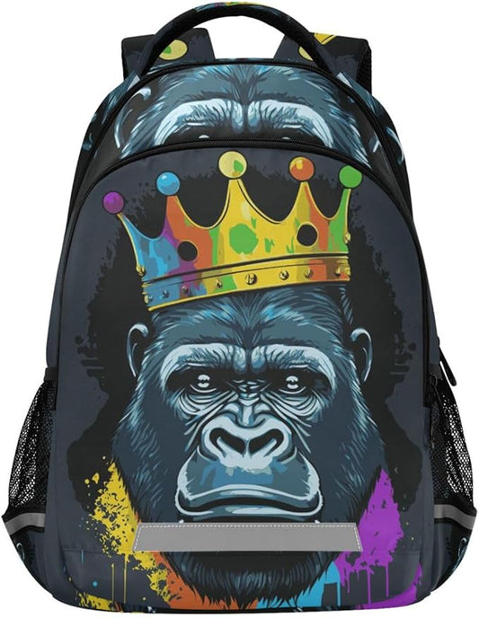 Gorilla with Crown Backpack for Boys Girls Elementary School Bag Kids Bookbag Travel Rucksack