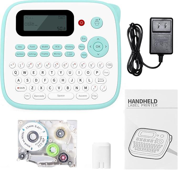 Label Maker Machine with Tape,D210S Portable Handheld Label Maker,QWERTY Keyboard Label Machine,with AC Adapter and 12mm 231 Tape, Easy to Use for Home Office School Label Organization,Green