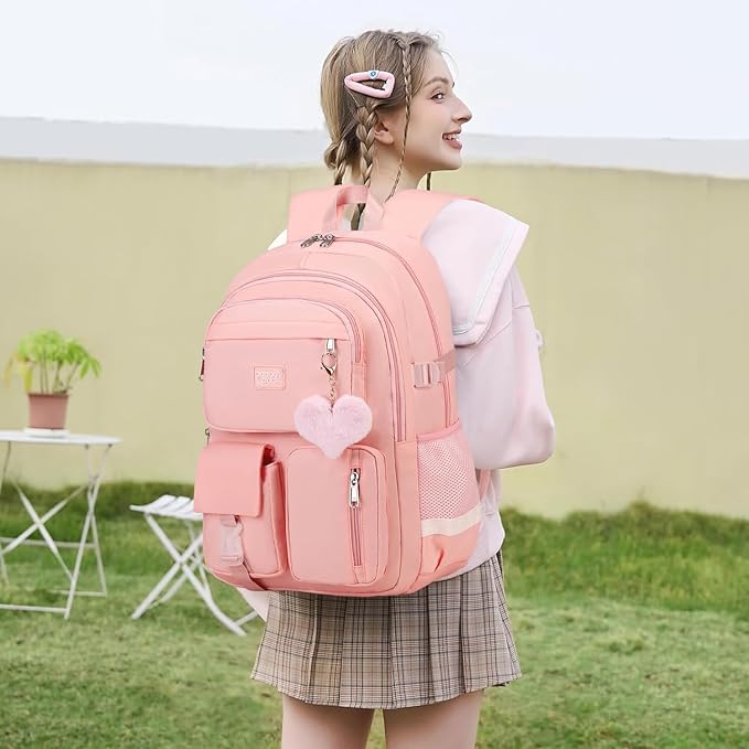 3PCS Backpack For School Women College Middle High Teen Girls Student Bookbag Waterproof Laptop Bag Pink