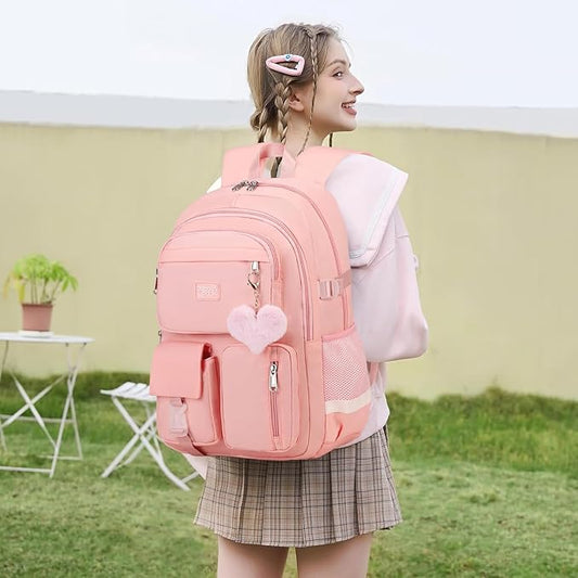 3PCS Backpack For School Women College Middle High Teen Girls Student Bookbag Waterproof Laptop Bag Pink