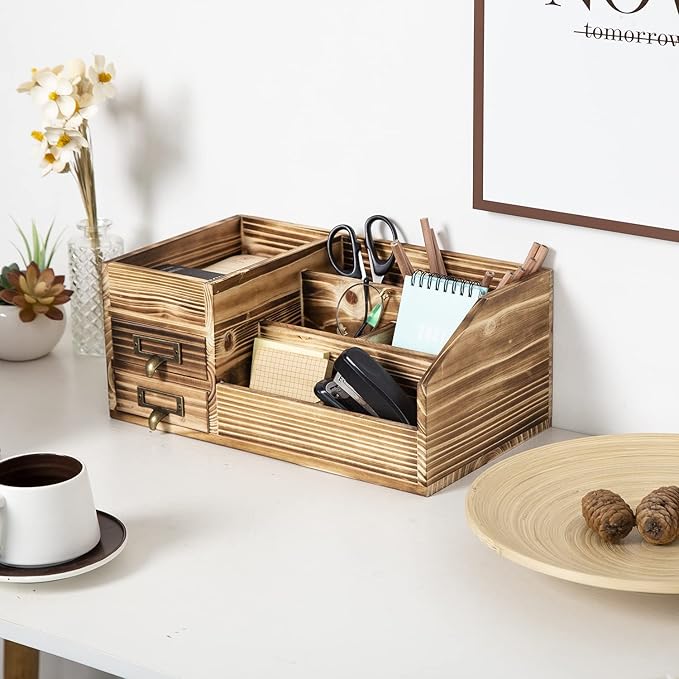 Distressed Rustic Wooden Office Desktop Drawers Organizer Wood Shelf Tabletop Home Organizer Storage with Multiple Compartments,perfect Jewelry storage Display Box for Desk, Vanity (Dark Brown)