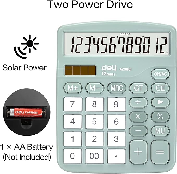 Calculator, Deli Standard Function Desktop Calculators with 12 Digit Large LCD Display and Sensitive Button, Solar Battery Dual Power Office Calculator, Green