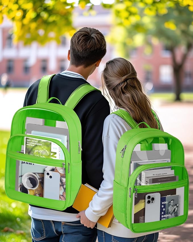 Clear Backpack, Heavy Duty Transparent Bookbag for School, Fabric & PVC Transparent Backpack with Reinforced Strap for Women Men, Capacity Clear Bag for College, Travel, Security, Green