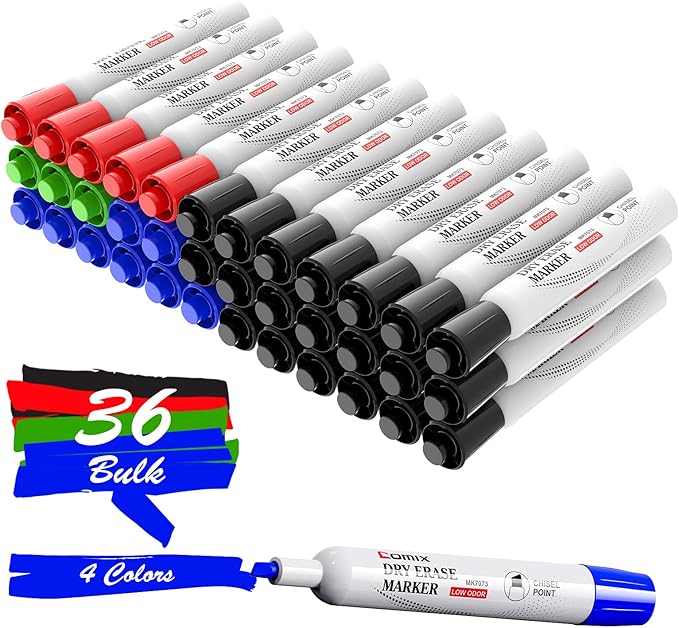 Comix Dry Erase Markers, Chisel Tip Whiteboard Markers, 36 Count 4 Assorted Colors Low Odor Markers for Kids Teachers Office & School Supplies