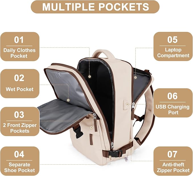 coofay Large Travel Backpack Carry on Flight Approved Mochila De Viaje Personal Item Travel Bag Backpacks for Men Women Carry on Backpack for Airplanes 18x14x8 Inches Travel Bag Beige with Brown