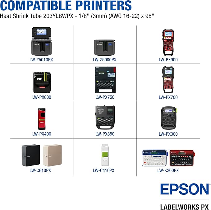 Epson LABELWORKS 203YLBWPX-5PK Genuine Tape Cartridge - 5 Unit Case Pack Black on White Shrink Tube Industrial Label Maker Tape - AWG 16-22, 1/8" (3MM) Wide, 8 ft (98") 5 Pack