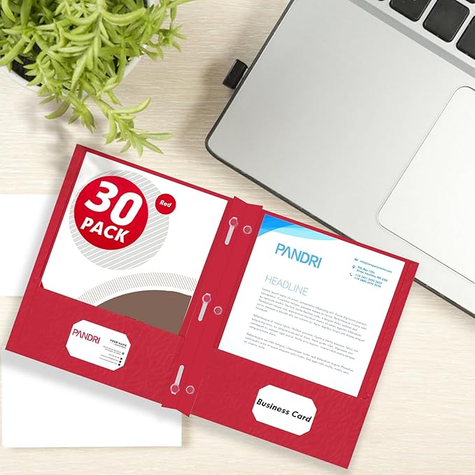 Two Pocket Folders, PANDRI 30 Pack Two Pocket Folders with Prongs, 3 Prong Folders Designed for Office and Classroom, Letter Size Red