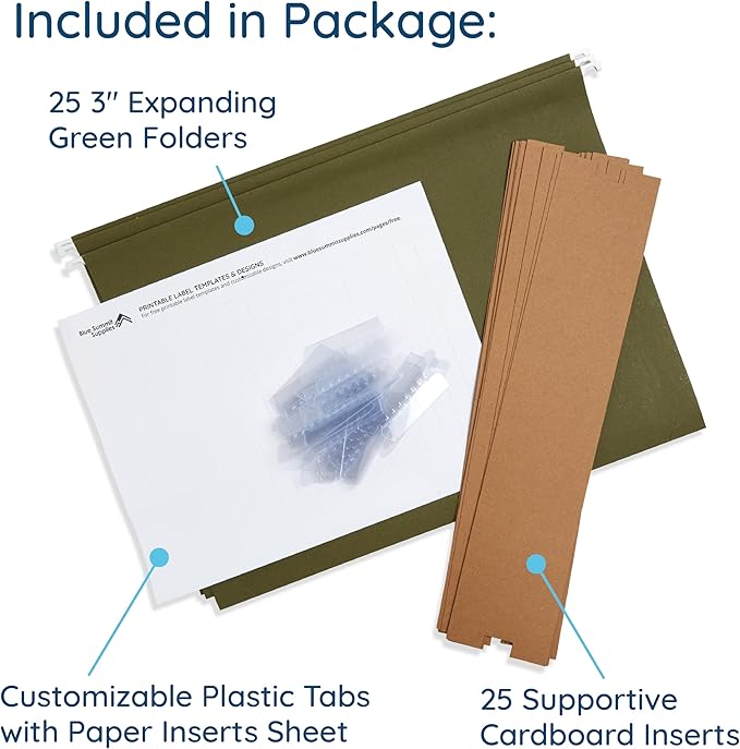 25 Blue Summit Supplies Legal Size Hanging File Folders with 3" Expansion, Standard Green Expandable Hanging File Folders, 25 Plastic Tabs and Inserts, Durable 12pt Paper