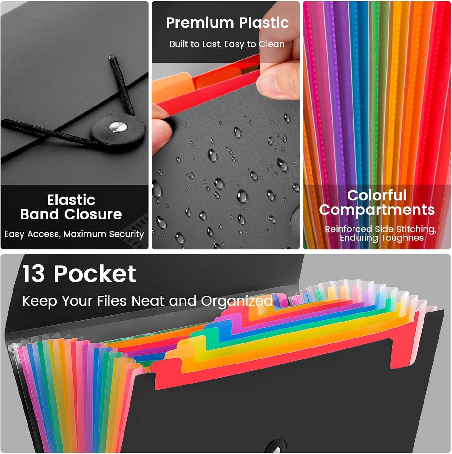 3 Pack Accordion File Organizer with Elastic Closure, 13 Pocket Expanding File Folder for Letter Size A4 Papers, Ideal for Home, Office Supplies, College Essentials