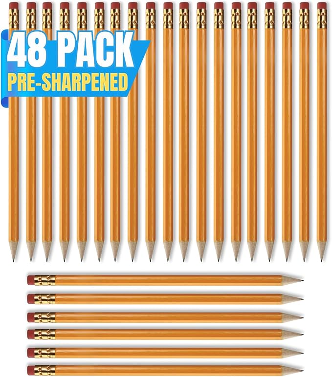 1InTheOffice Pre Sharpened Pencils #2, Pencils with Eraser, 2 HB, Wood-Cased, Black Lead, Yellow Barrel (48)
