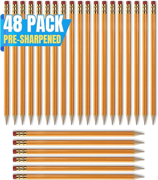 1InTheOffice Pre Sharpened Pencils #2, Pencils with Eraser, 2 HB, Wood-Cased, Black Lead, Yellow Barrel (48)