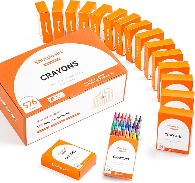 Shuttle Art Crayons Bulk Set - 24 Boxes of 24 Assorted Colors, 576 Count Durable & Non-Toxic Teacher-Quality Crayons, School Supplies bulk For Family Class Party Favors