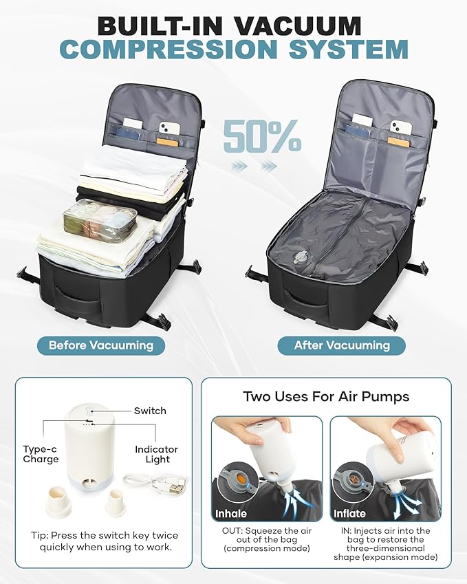 coofay Large Vacuum Backpack Travel with Pump Vacpack Travel Backpack with Vacuum System Compression Backpacks for Travel Easy Vac Pack Carry on Luggage
